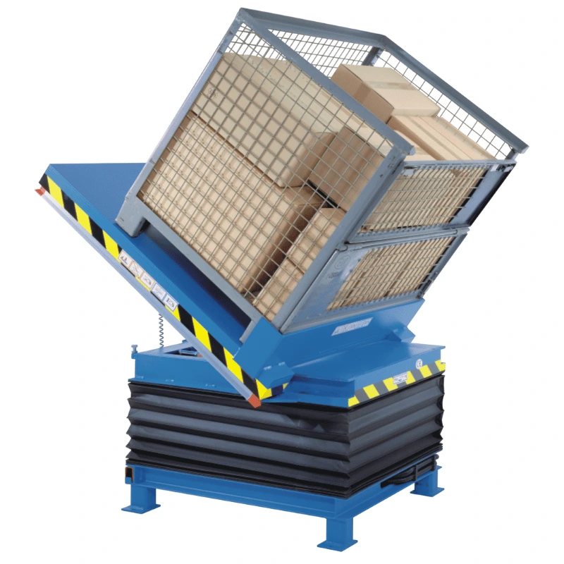 Blue tilt table with crate on it.
