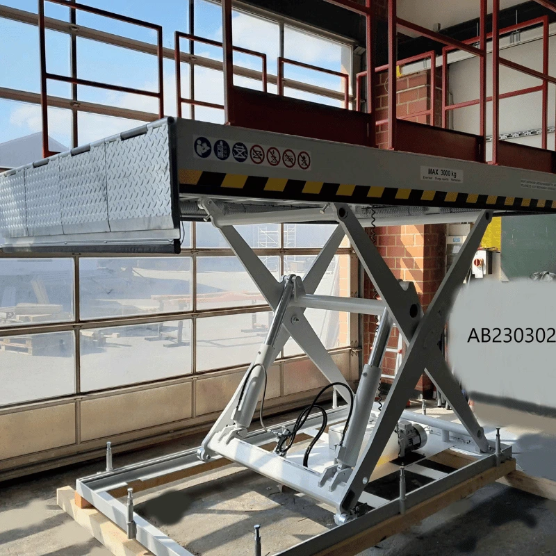 Metal dock scissor lift in front of a window